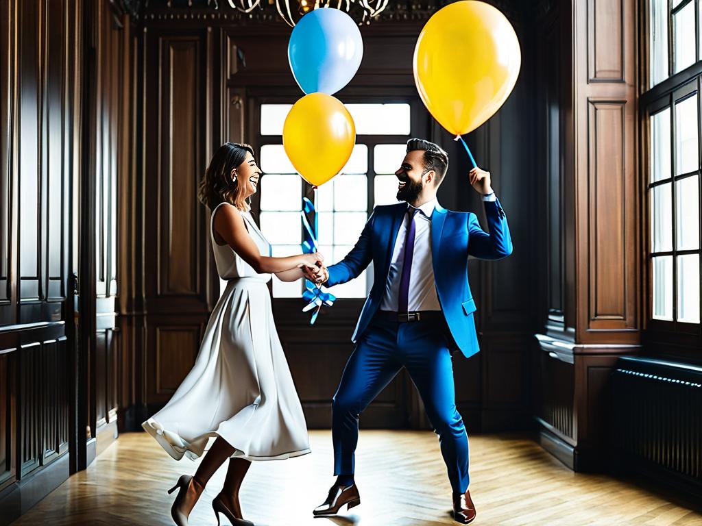 Мужчины и женщины танцуют с воздушными шарами на корпоративе 8 марта