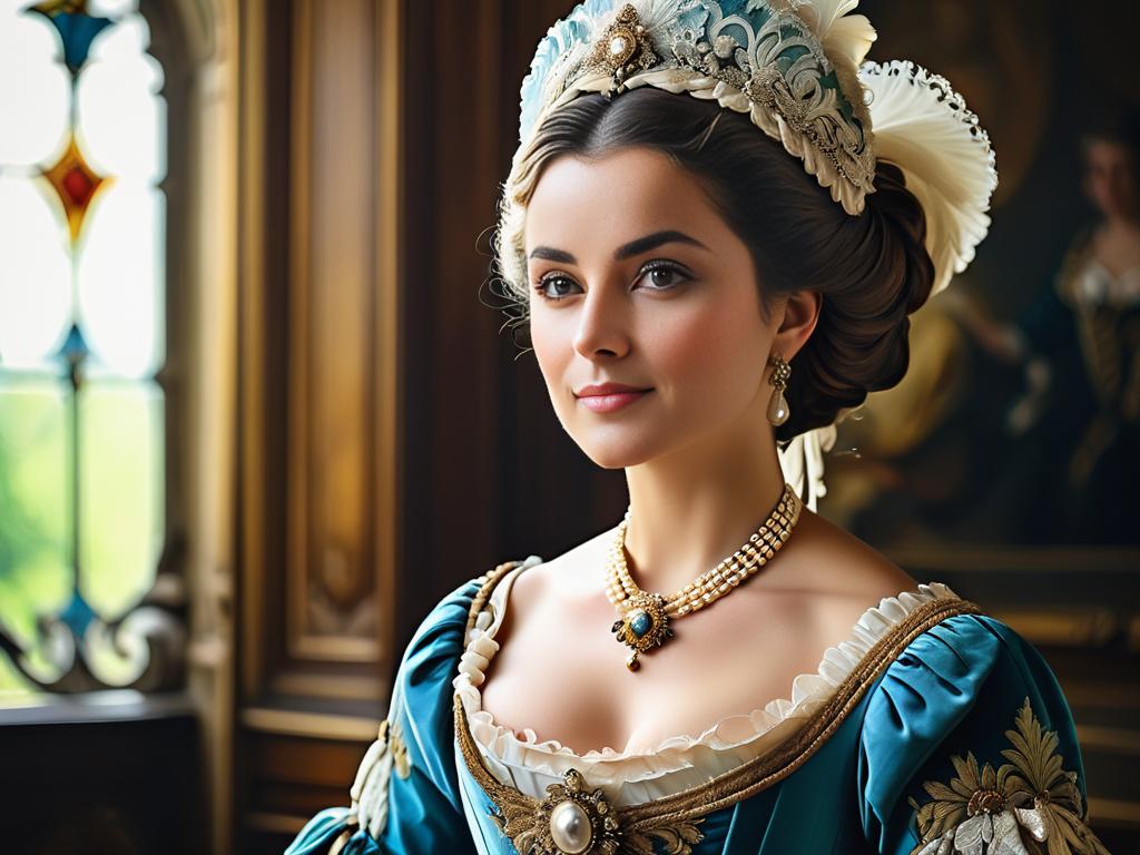 Портрет француженки-аристократки 18 века в роскошном платье.