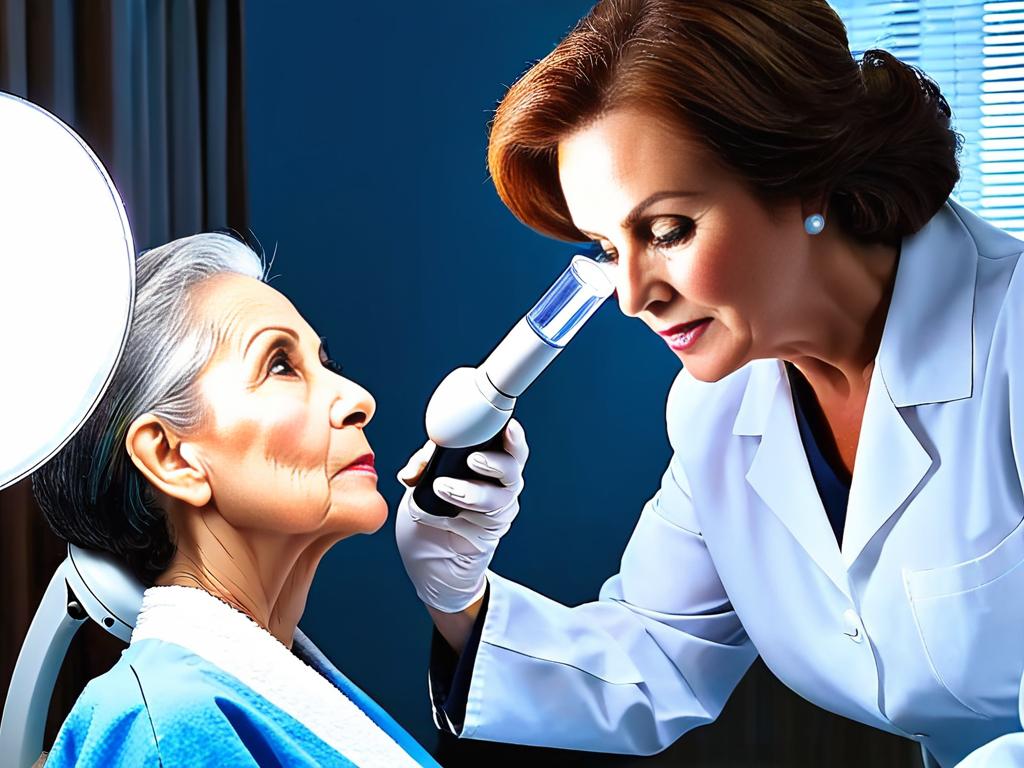 Дерматолог осматривает кожу лица пожилой пациентки под увеличительной лампой