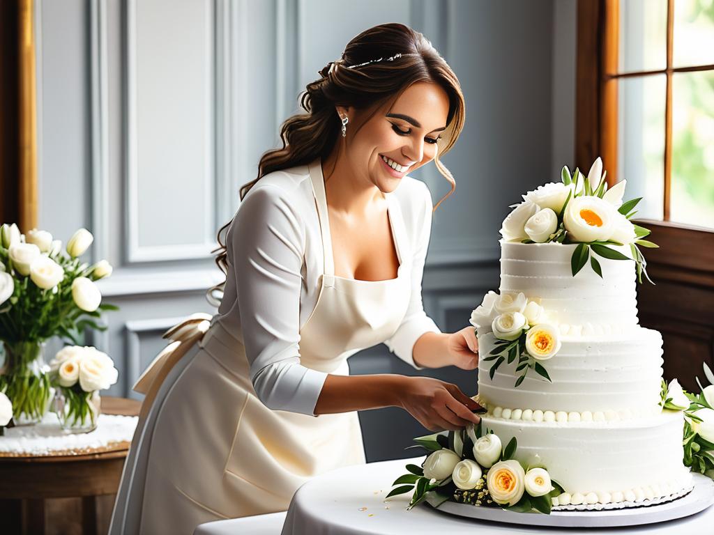 Кондитер украшает свадебный торт