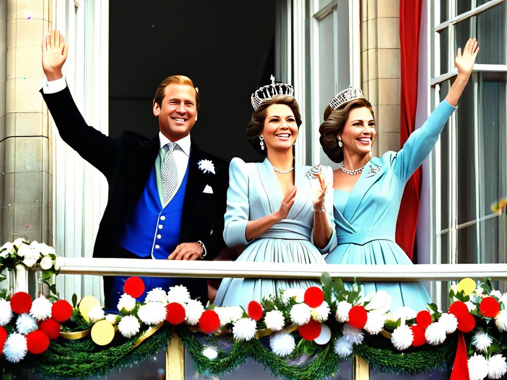 Король и королева машут толпе с балкона дворца
