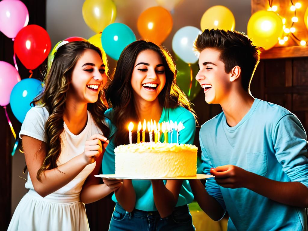 Веселящиеся друзья-подростки танцуют и празднуют день рождения с тортом