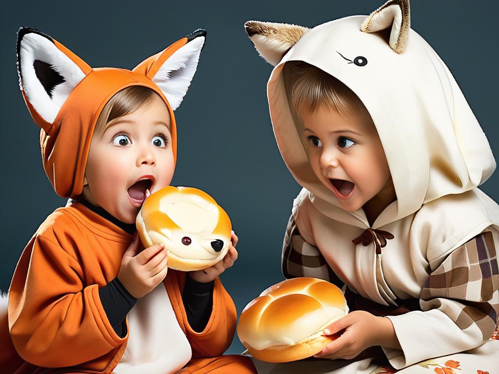 Девочка в костюме лисы ест колобок, а мальчик в бабушкиной одежде удивленно смотрит