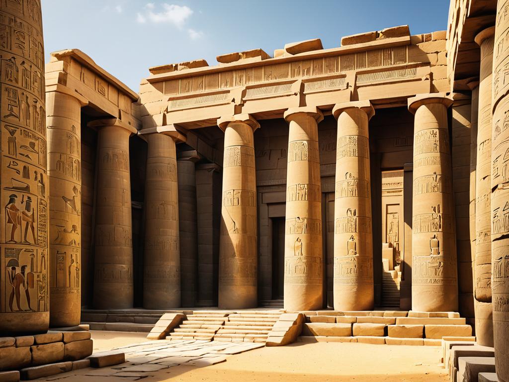 Древнеегипетский храм с рядами массивных каменных колонн у входа.