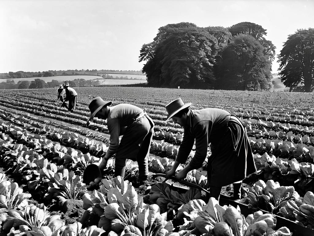 Черно-белая фотография фермеров, убирающих свеклу вручную в начале 20 века.