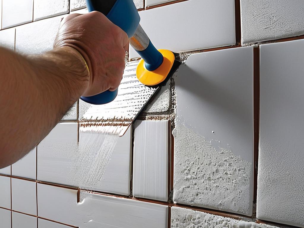 Человек наносит плиточный клей на стену шпателем, готовя поверхность для плитки.