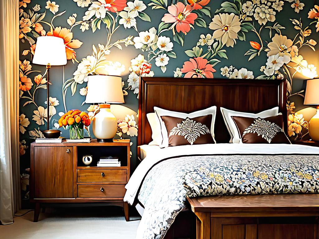 Уютная спальня в классическом стиле с цветочными обоями, деревянной мебелью, нейтральным текстилем