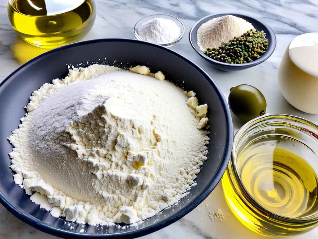 Фото ингредиентов для теста - мука, дрожжи, соль, оливковое масло на кухонной столешнице