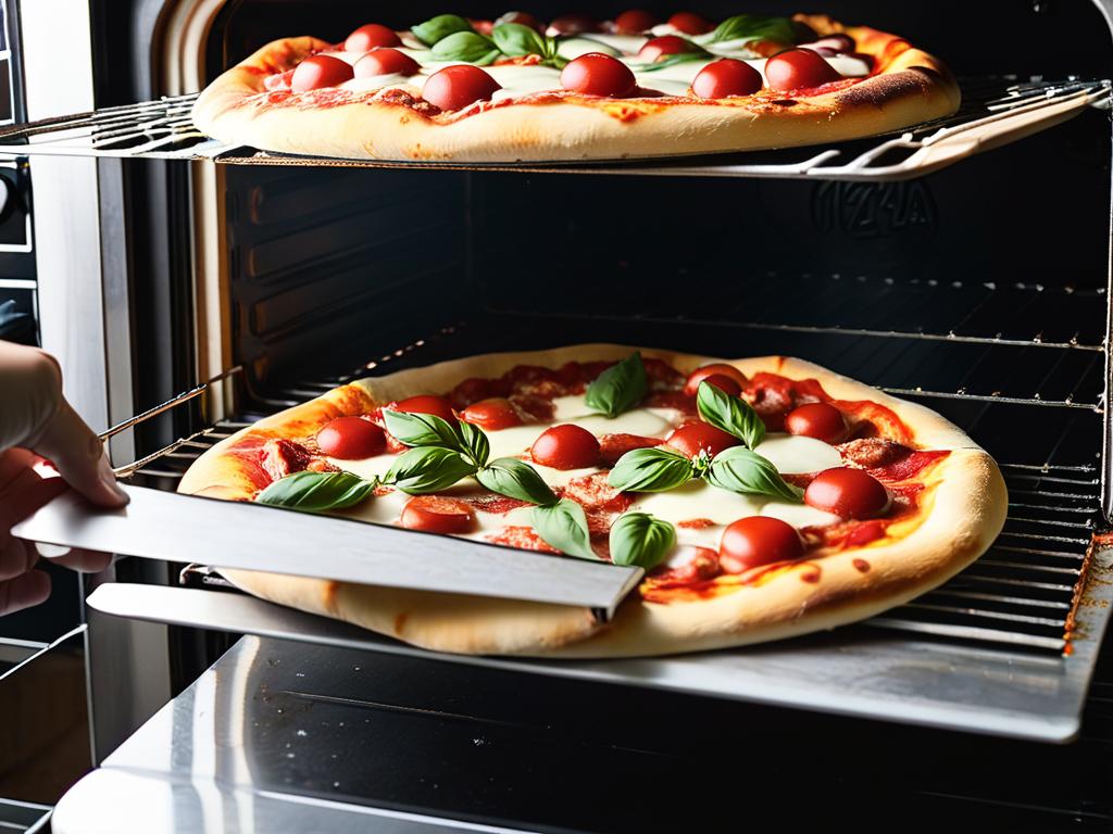 Фото как домашнюю пиццу ставят в разогретую духовку
