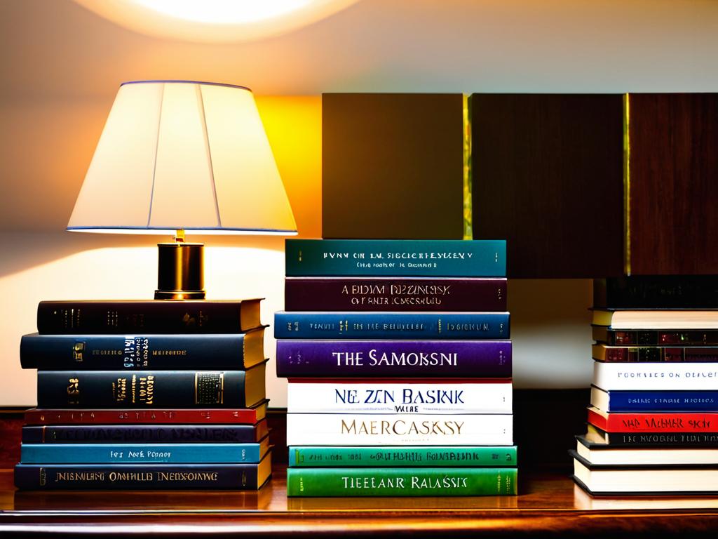 Книги Эдварда Радзинского сложены стопкой на столе, рядом стоит настольная лампа