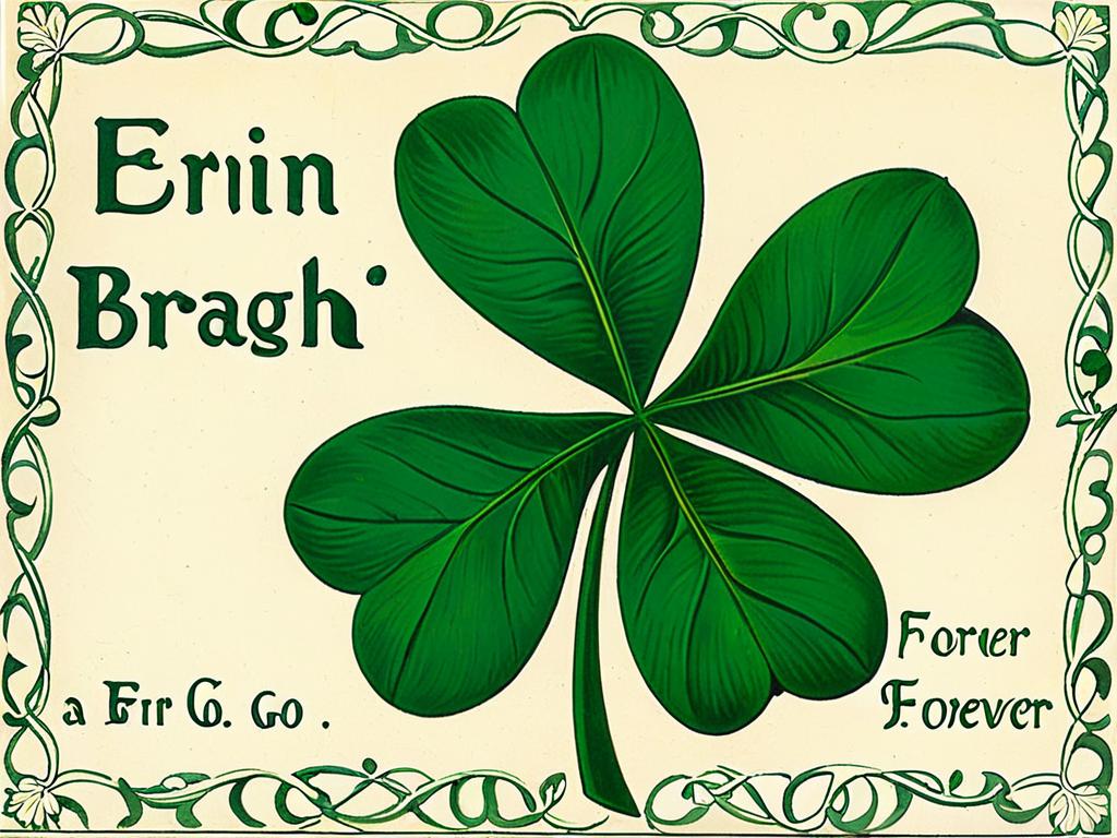 Старая ирландская открытка с символом четырехлистного клевера и приветствием Эрин го Бра
