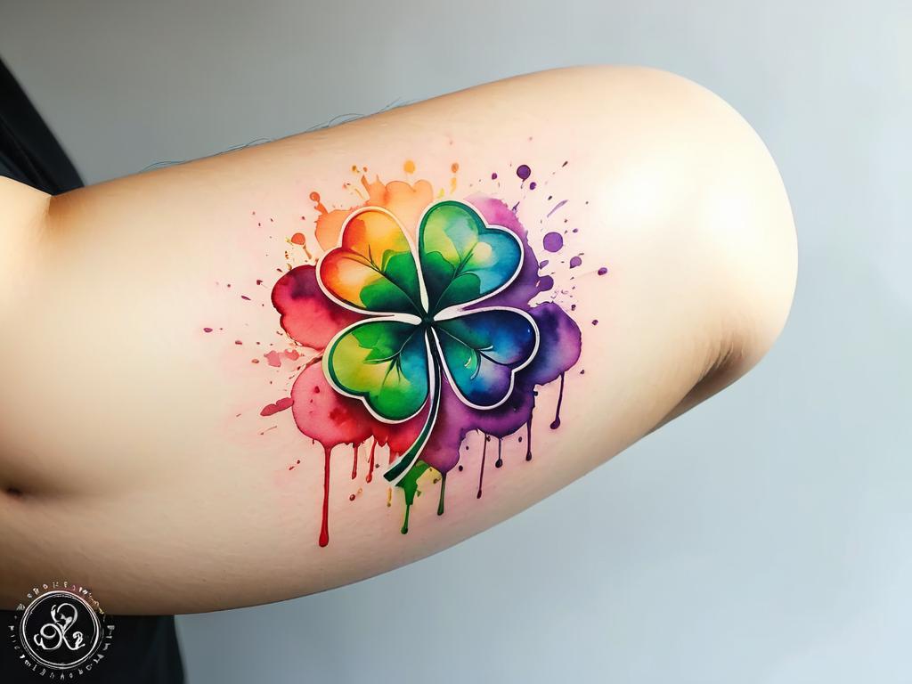 Татуировка четырехлистного клевера в стиле акварели с радужными цветами