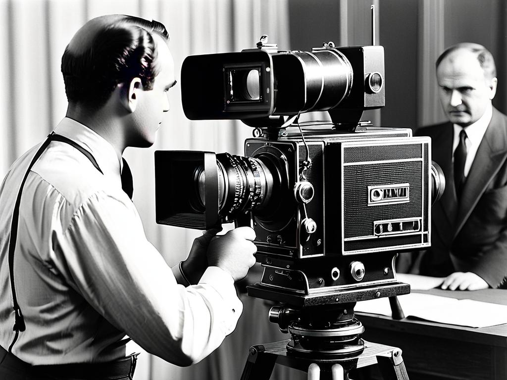 Черно-белая фотография ранней телевизионной камеры, использовавшейся для вещания в Советском Союзе.
