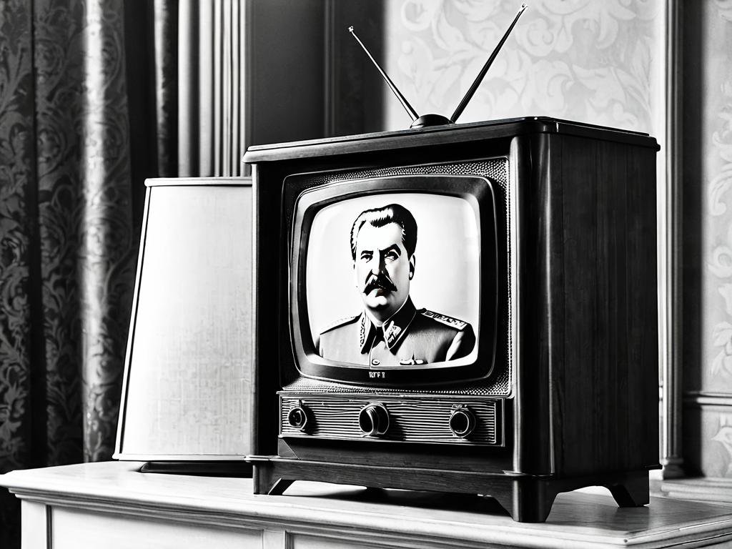 Черно-белая фотография старинного телевизора 1930-х годов с изображением Сталина. Символизирует