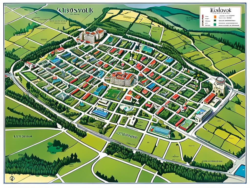 Карта города Кисловодск с отмеченным расположением санаториев. Описание на русском.