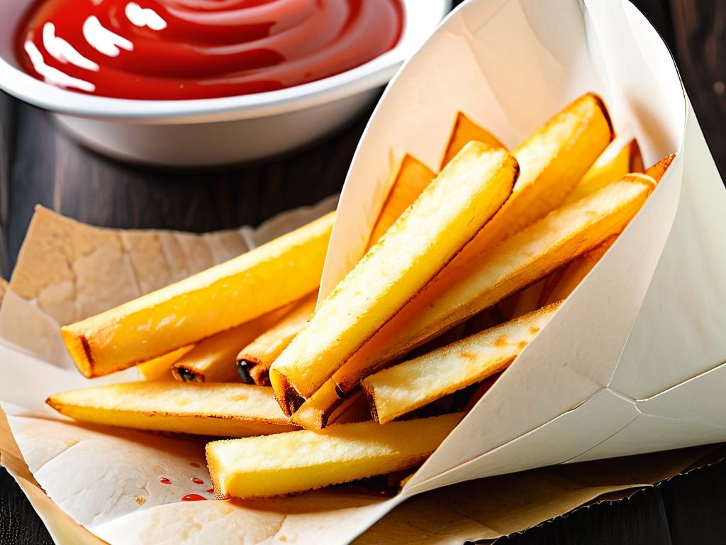 Крупный план хрустящего золотистого картофеля фри в бумажном стаканчике, поданного с соусами кетчуп