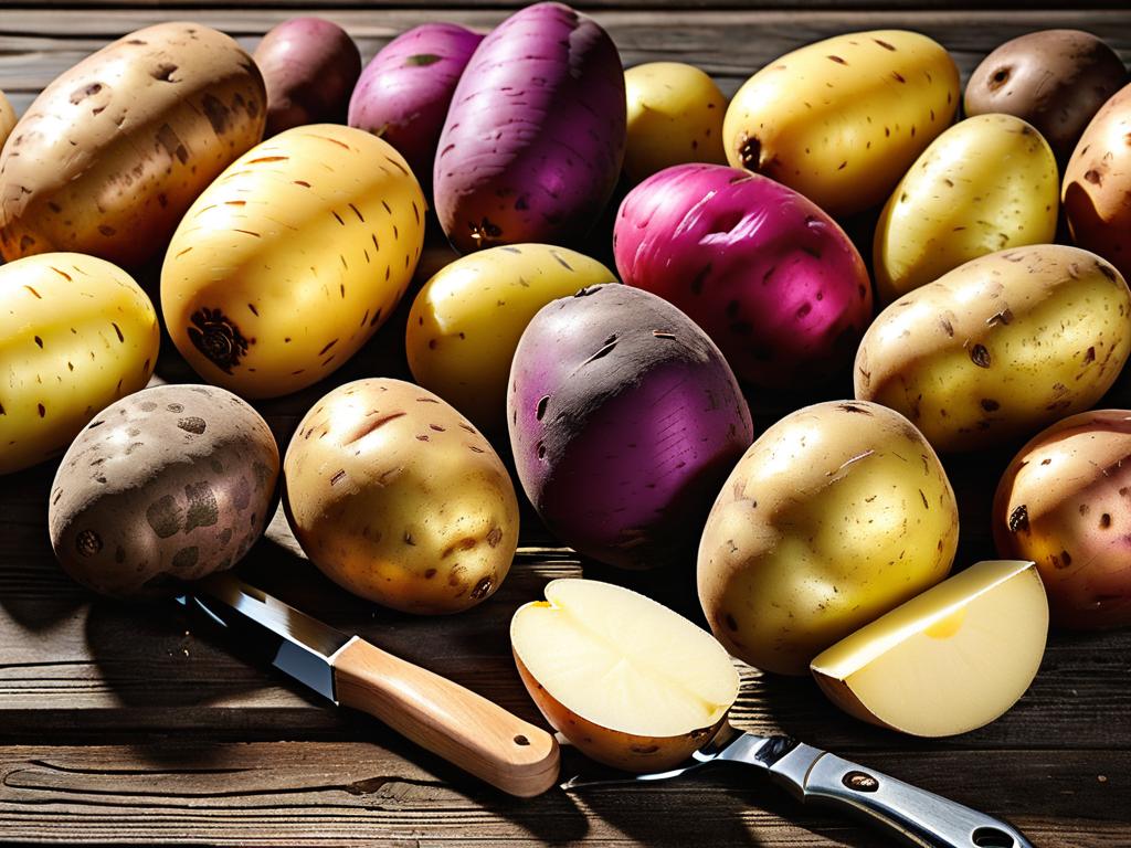Разные сорта картофеля на деревянном столе. Правильный выбор картошки - залог идеального рецепта