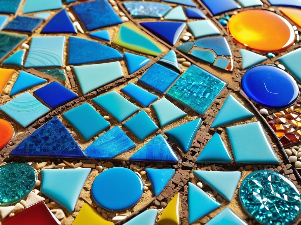 Крупный план мозаичной картины из разноцветных стеклянных и керамических плиток