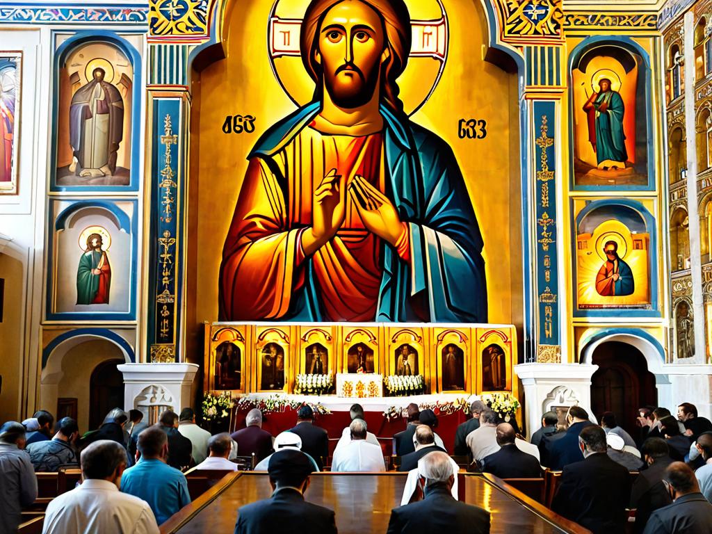 Люди молятся перед большой иконой Христа в православном храме