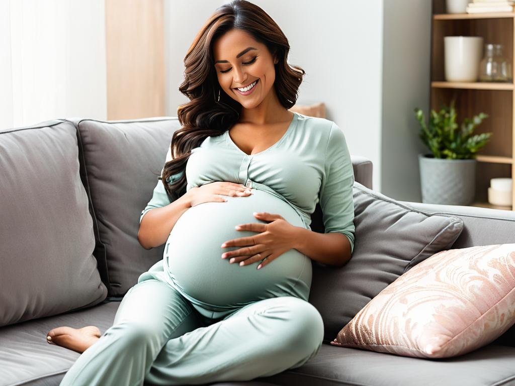 Беременная женщина нежно прикасается к животу, сидя на диване, выглядит счастливой и расслабленной