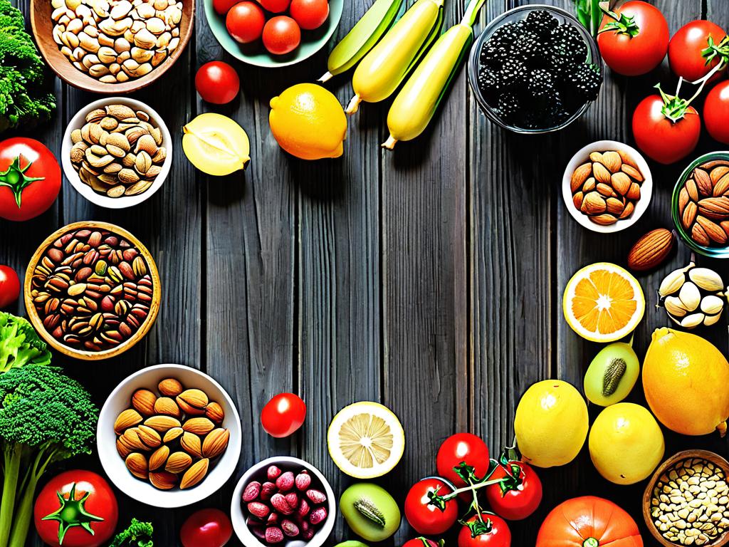 Разнообразные полезные продукты, овощи, фрукты, орехи на деревянном столе