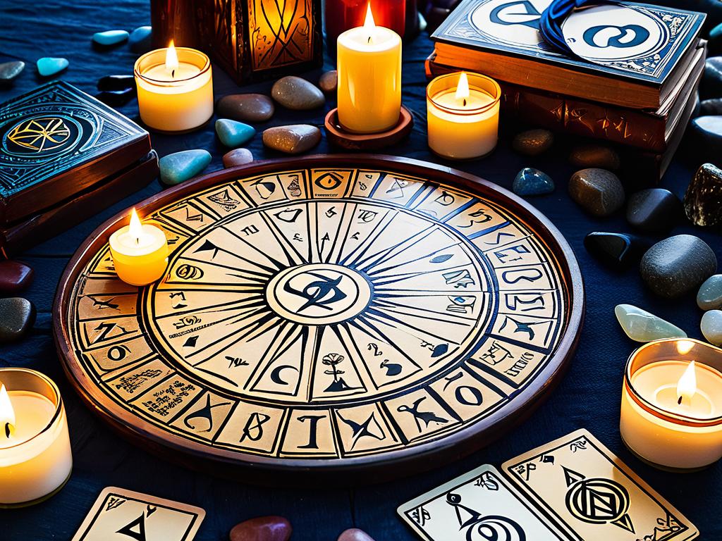 Карты Таро и рунические камни разложены в раскладе для гадания на столе с зажженными свечами.