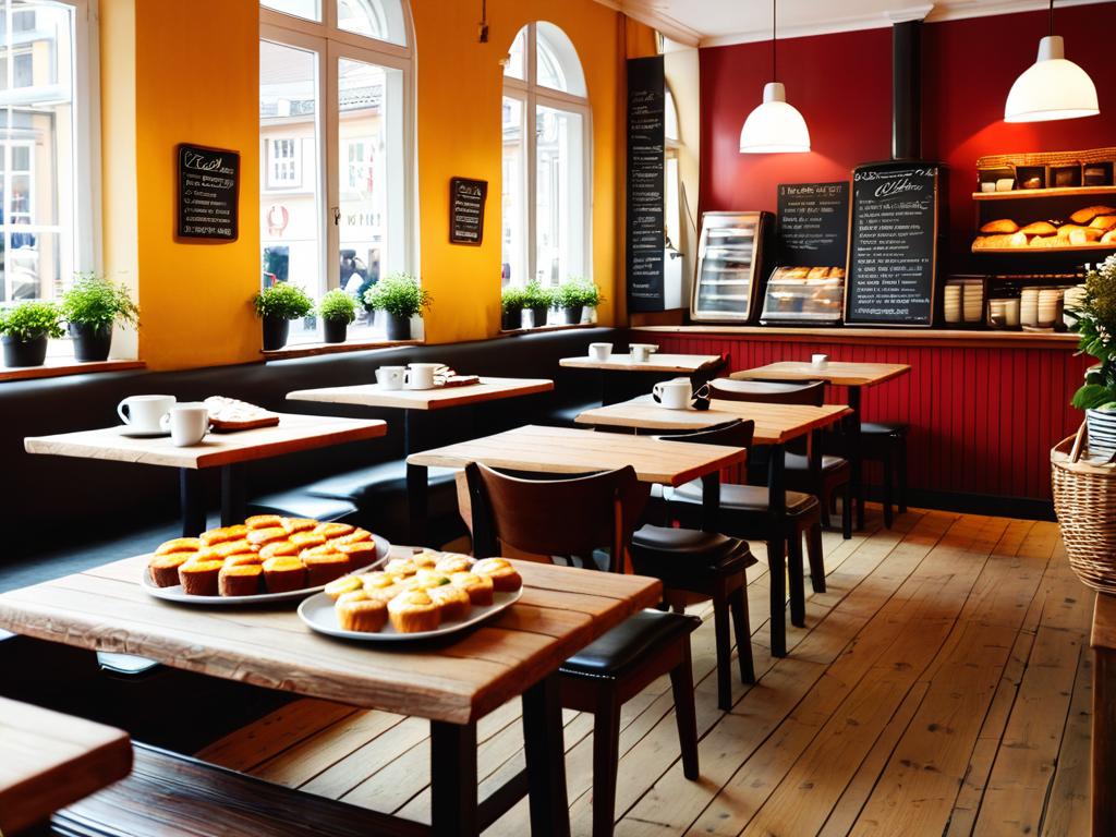 Интерьер уютного датского кафе с выпечкой и кофе на столах