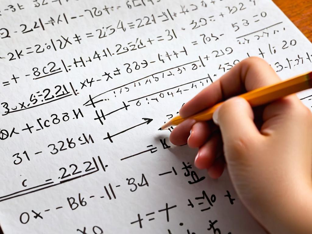 Рука человека записывает математические уравнения и вычисления на листе бумаги карандашом