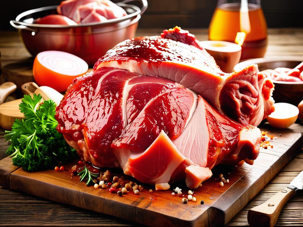 Свежая свиная рулька на деревянном столе, готовая к приготовлению. Качественное мясо - залог