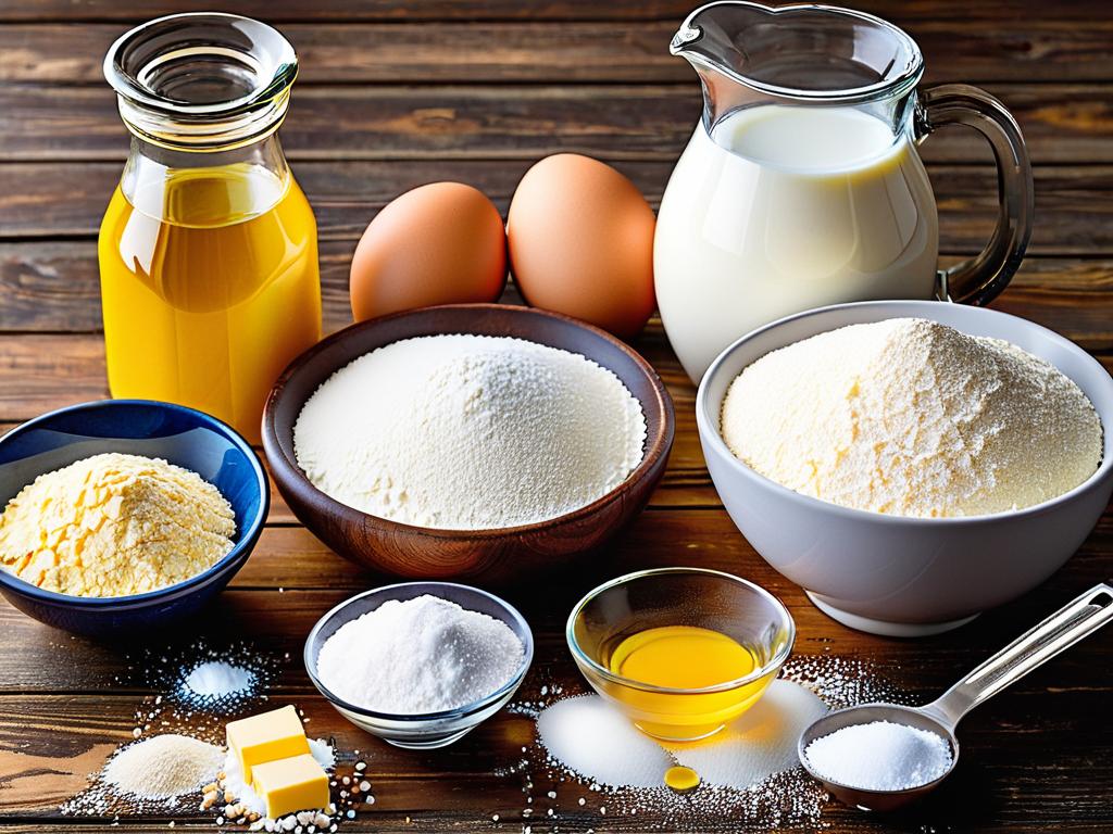 На фото главные ингредиенты для теста: яйца, молоко, сахар, соль, мука, масло на деревянном фоне