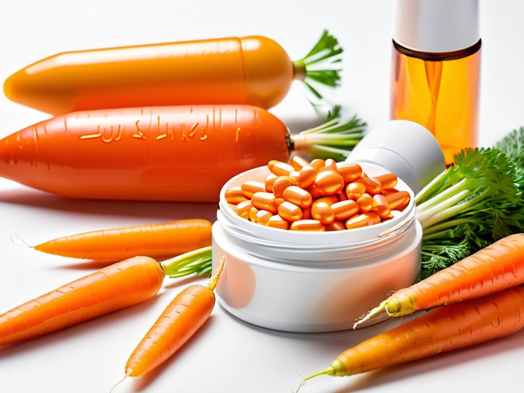 Капсулы витамина А и морковь рядом с кремом для лица. Полезные витамины для омоложения кожи