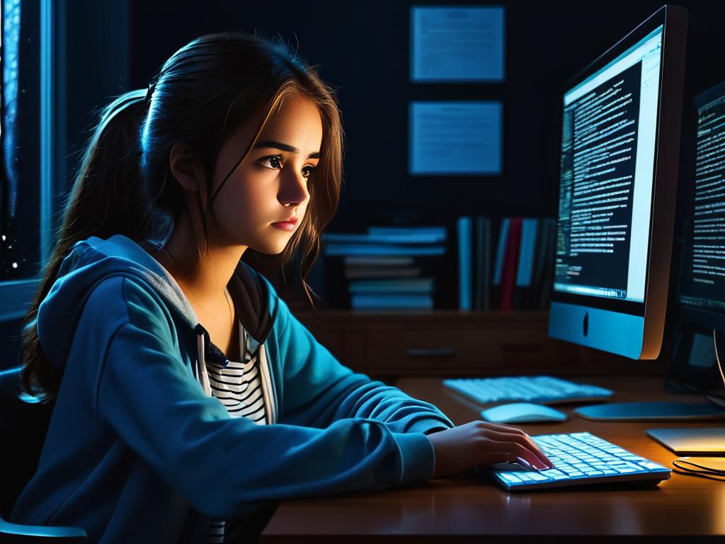 Грустная депрессивная девушка-подросток сидит за компьютером ночью