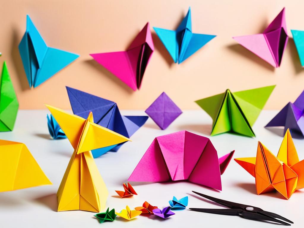 Яркие оригами из бумаги в виде животных и геометрических фигур выставлены в ряд на столе, рядом