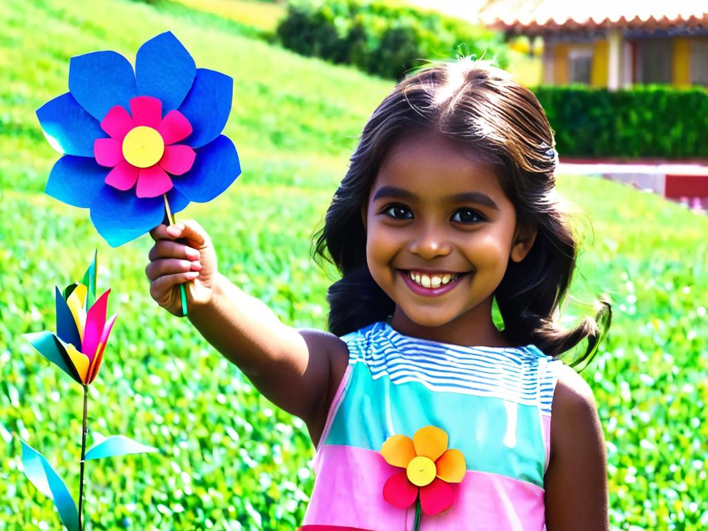 Девочка радостно демонстрирует бумажный цветок, который она смастерила, широко улыбается.