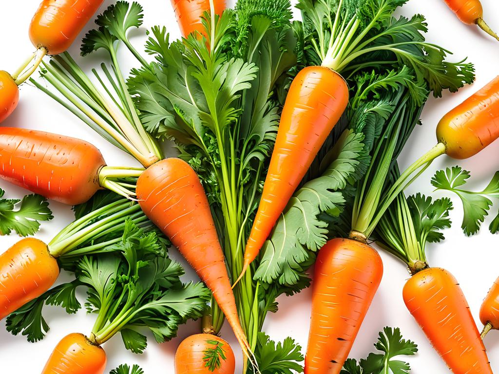 Морковь с зеленью на белом фоне