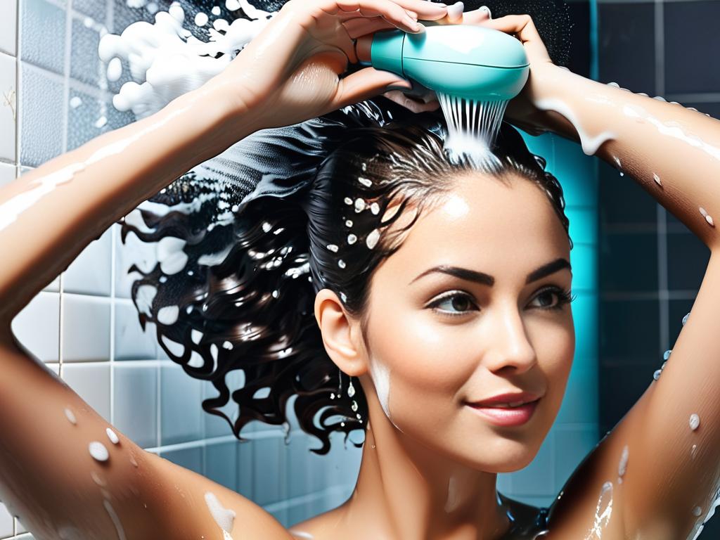 Женщина моет волосы в душе, намыливая их шампунем. Иллюстрация оптимальной частоты мытья волос