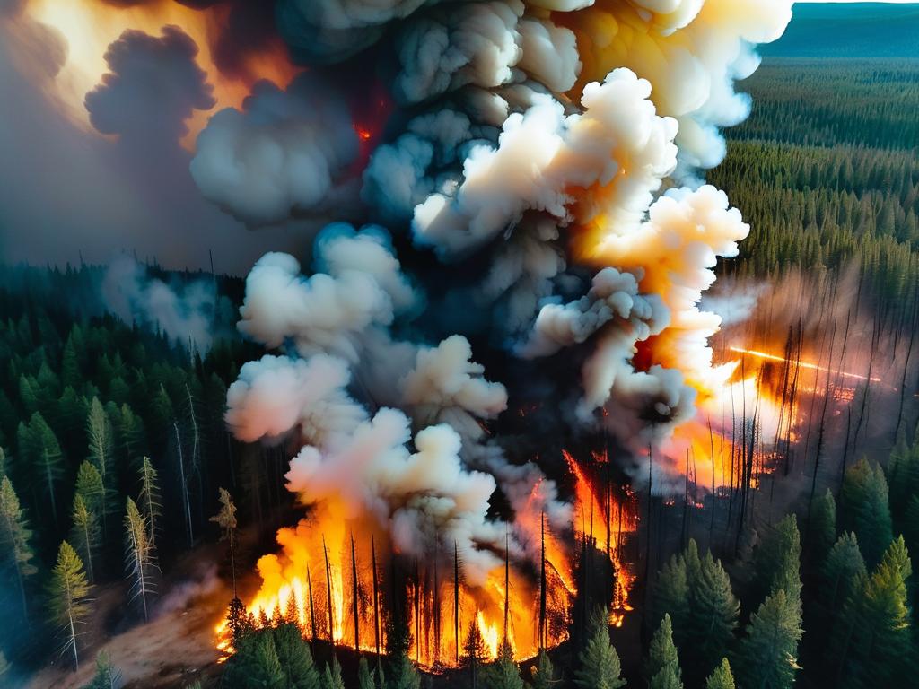 Вид с воздуха на лесной пожар с поднимающимся в небо дымом и пламенем