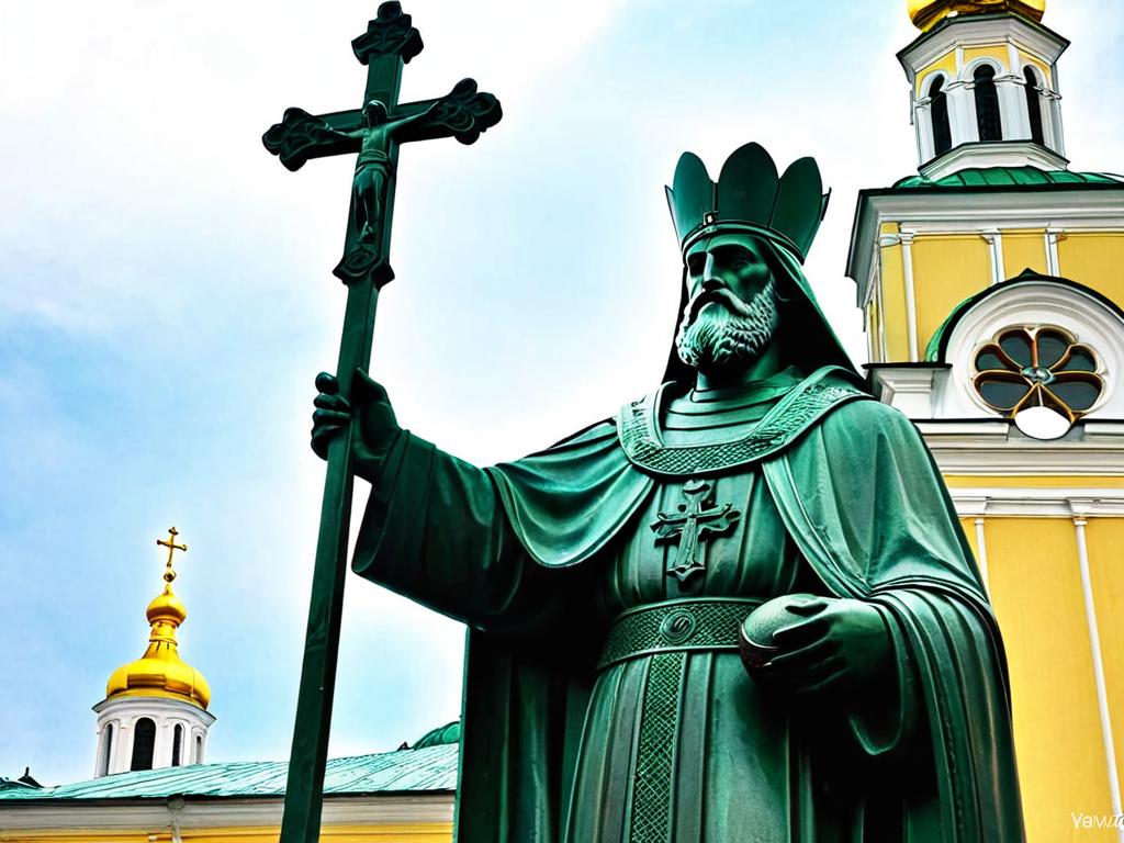 Памятник святому князю Владимиру Святославичу с храмом в руках в Киеве символизирует крещение Руси