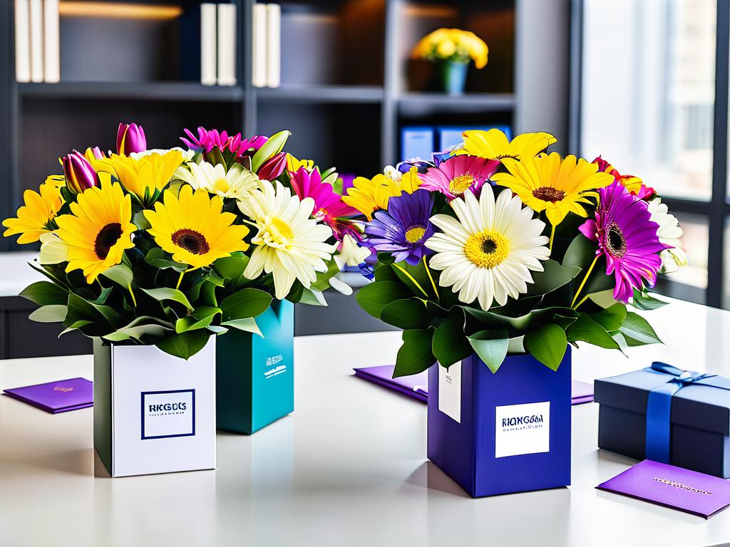 Праздничные цветочные букеты и фирменные подарочные коробки для сотрудниц на офисных столах