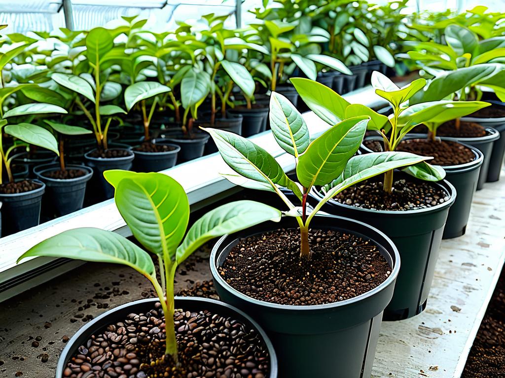 Саженец кофейного дерева растет в горшке в теплице питомника