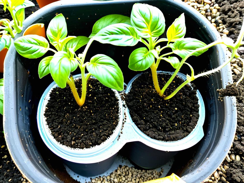 Прорастающие семена томатов в горшках с почвой