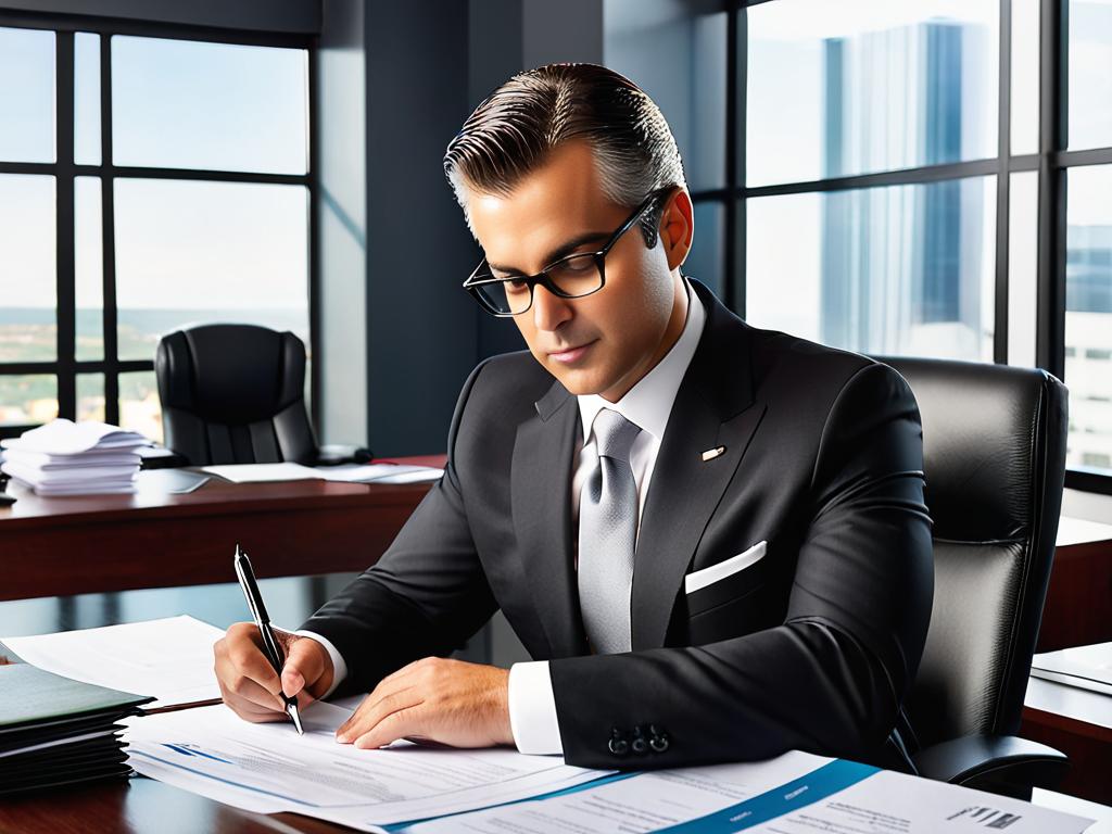Человек в деловой одежде просматривает документы за столом в офисе
