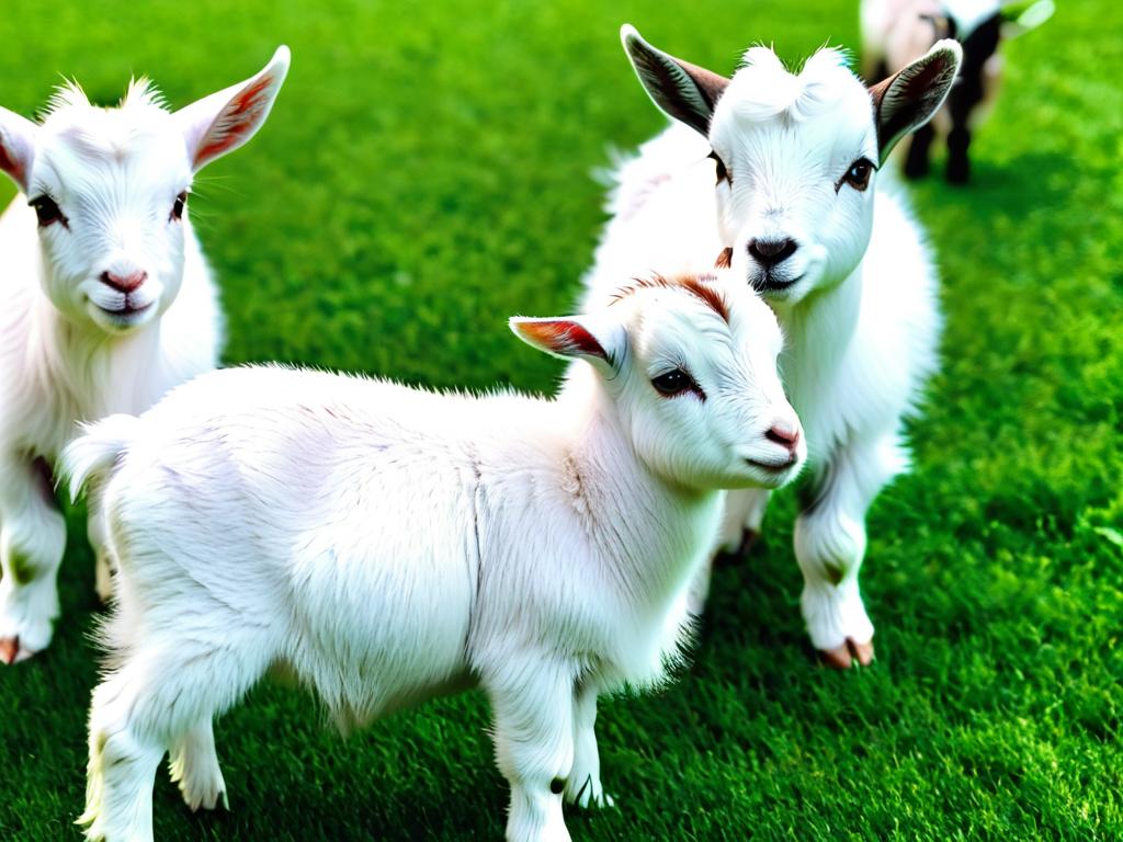 Несколько карликовых коз стоят вместе на траве