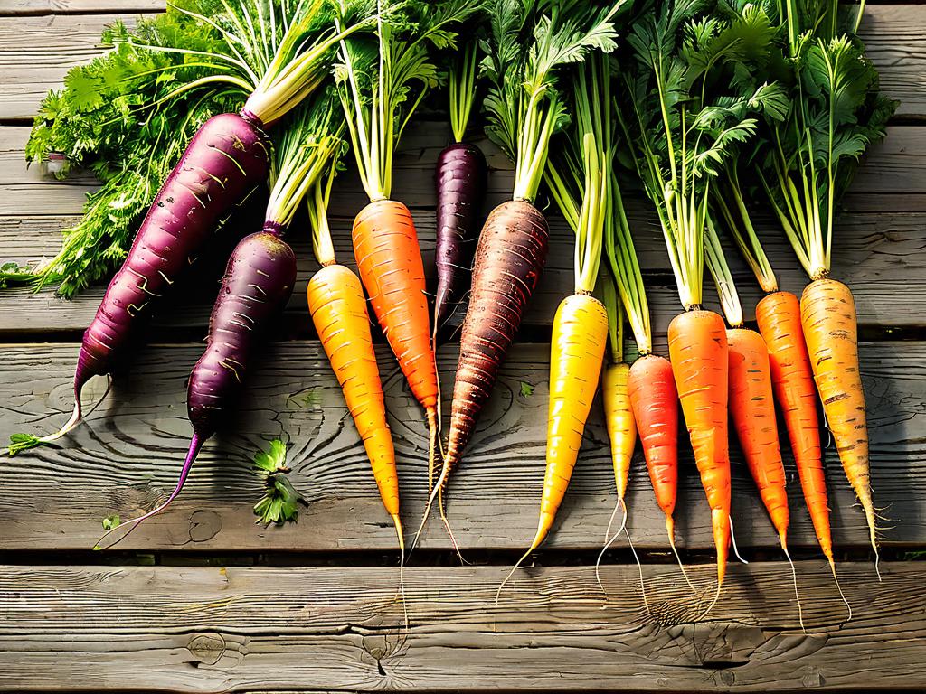 Урожай разных сортов моркови на деревянном столе