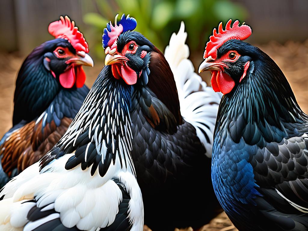 Три курицы породы австралорп разных окрасов - черная, голубая и белая