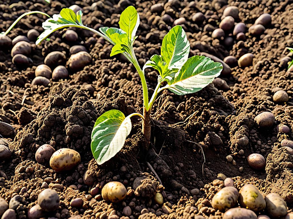 Крупный план картофельного растения с окученной почвой. Видно хорошо развитую корневую систему и