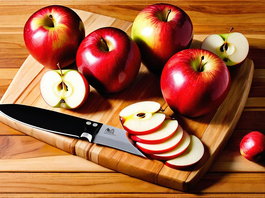 Нарезанные дольками яблоки на деревянной разделочной доске
