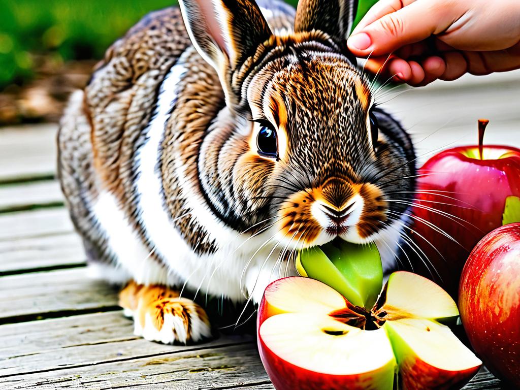 Кролик грызет дольку яблока на ладони