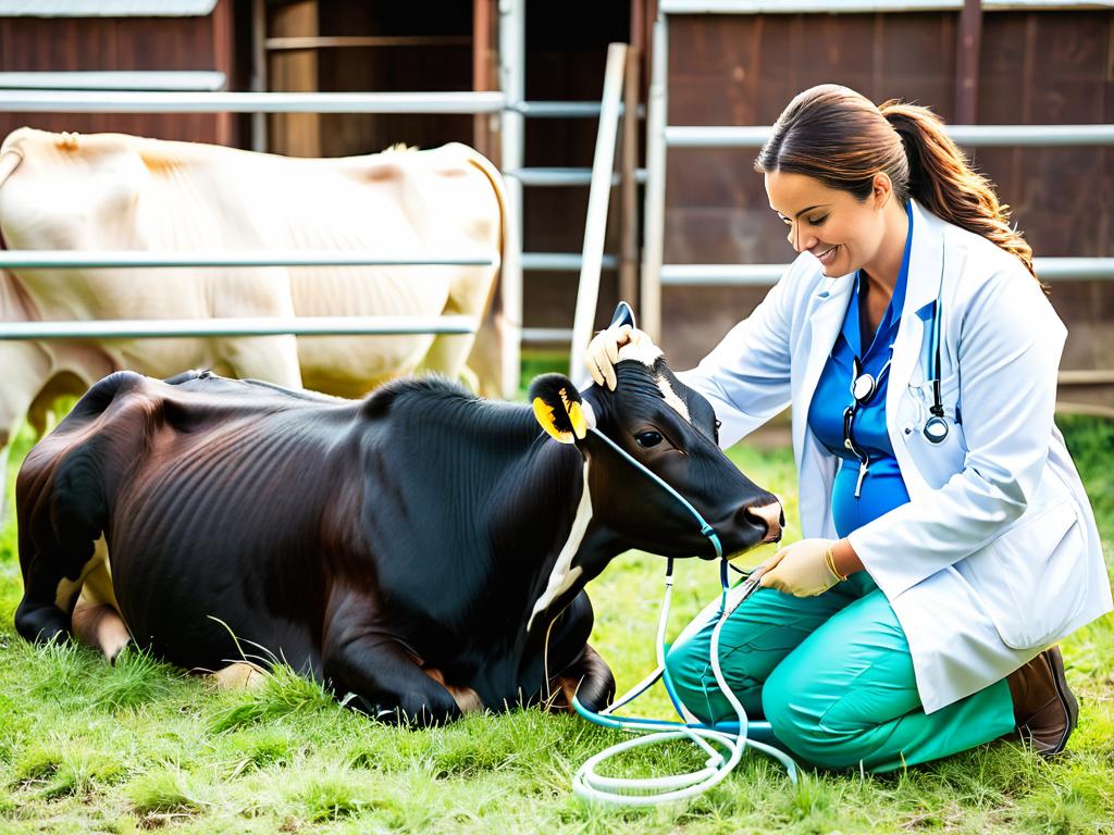 Ветеринарный врач прослушивает стетоскопом живот беременной коровы