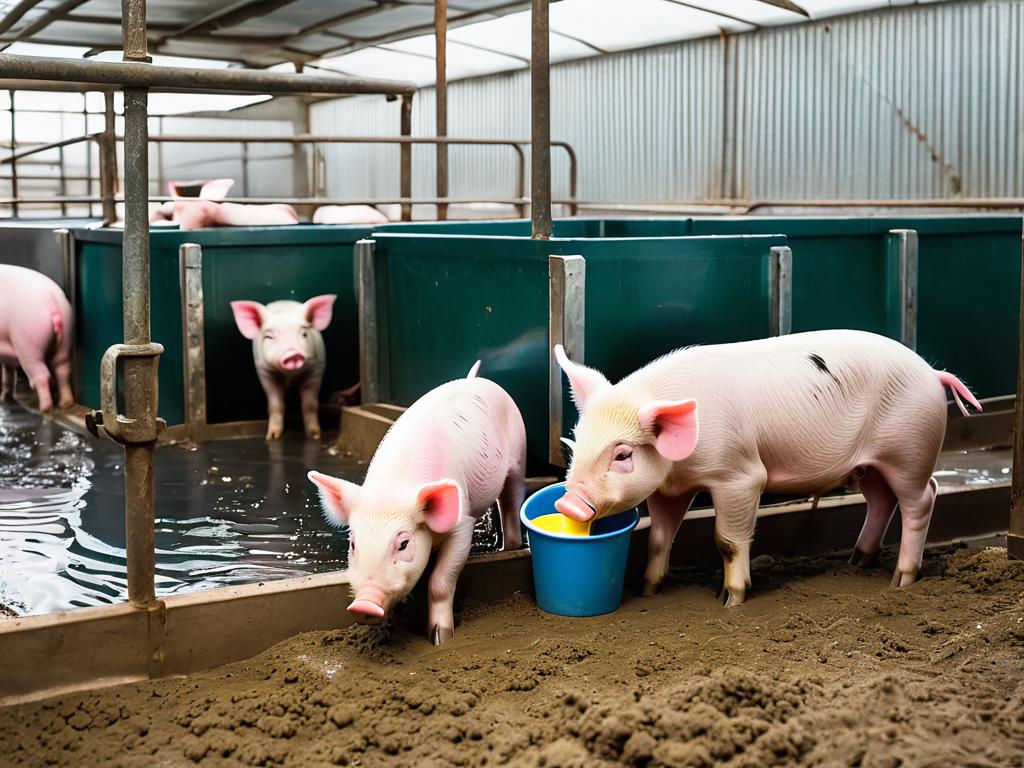 Новорожденные поросята пьют молоко в отдельном загоне на промышленной свиноферме